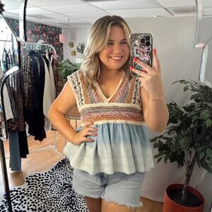 Pilcro Embroidered Babydoll Top V-Neck Blue Motif